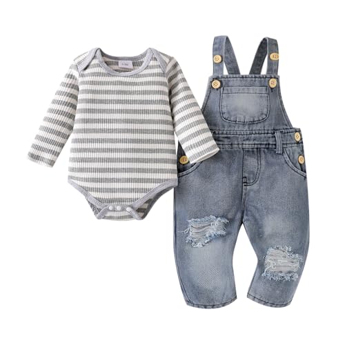 Baby Boy Clothes Newborn Suspender Overalls Ripped Jeans Long Sleeve Striped Romper Fall Winter Outfits 0-18 Months