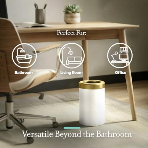 Image of Gatco Small Bathroom Trash Can with Lid, Round 3 Gallon Stainless Steel Wastebasket, Under Sink, Matte Pearl and Brushed Brass, for Bathroom, Bedroom, Office (1931B)