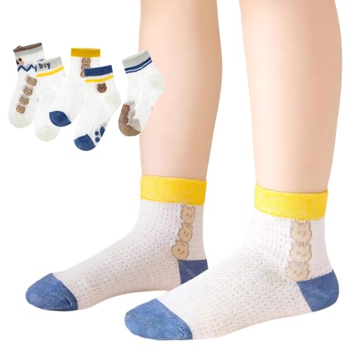 Summer Thin Cotton Mid-Calf Mesh Socks for Boys 1-16 Years Old, Cartoon Bear Lion Fashion Ankle Short Socks for Kids