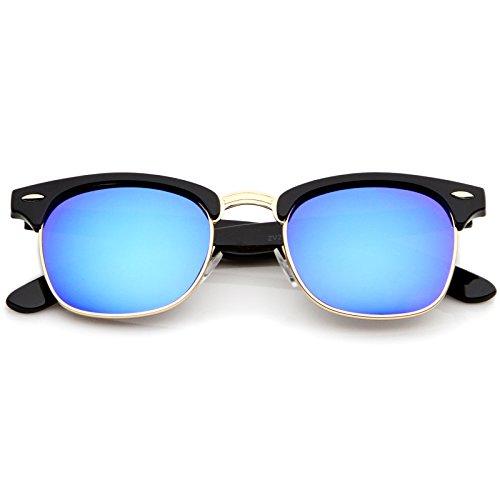 zeroUV - Half Frame Semi Rimless Sunglasses for Men Women with Colored Mirror Lens 50mm (Black-Gold/Green-Blue Mirror)