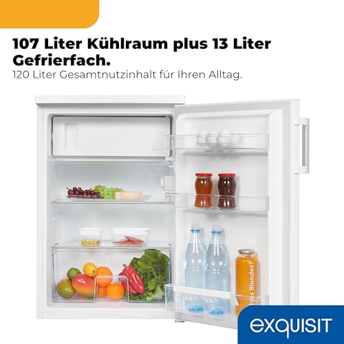 Exquisit Kühlschrank | 120 Liter, Energieeffizienzklasse D, 39 dB Geräusch, 4* Gefrierfach 13 l | LED-Innenbeleuchtung, manuelle Temperaturregelung, Türanschlag wechselbar | KS516-4-H-010D weiss