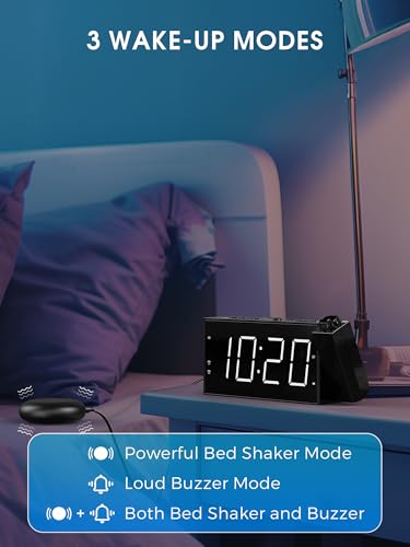 Miniatura 3 de Mesqool Despertador Para Sordos Con Vibracion, Despertador Proyección Con 180 Proyector, Gran Pantalla Led, 5 Brillos, 2 Relojes Despertadores, Snooze Para Dormitorio Oficina Cocina