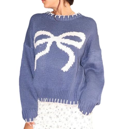 Image of Women Cute Bow Knit Sweater Y2k Long Sleeve Crew Neck Knitted Pullover Top Oversized Going Out Fall Winter Knitwear