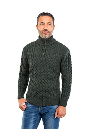 Irish Men's Aran Wool Sweater 1/2 Zipper Jumper Made in Ireland