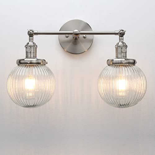Image of Yosoan Industrial Glass Ribbed 2-Lights Wall Sconces, Modern Wall Light with Globe Lampshade,Switched Bedside Wall Light for Bedroom, Kitchen, Living Room (Brushed)