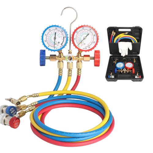 3 Way AC Gauge, HAVC Manifold Gauge Set for R134a, R410a, R22 Refrigerants, with 5FT Hoses, Quick Couplers, Acme Adapter and Can Tap for Automotive AC System