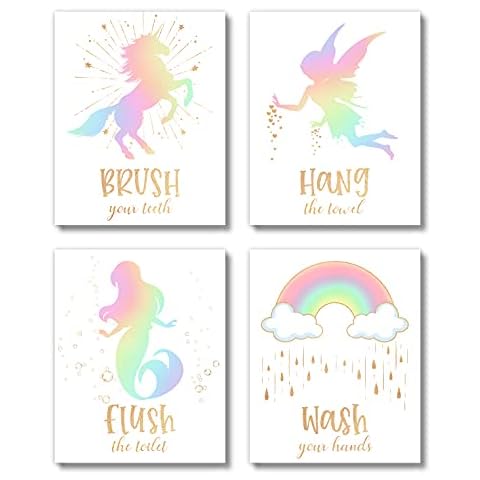 Brooke & Vine Girls Bathroom Wall Decor Art Prints- Unicorn Rainbow Fairies Mermaids - (UNFRAMED 8 x 10) - Kids Bathroom, Toddler, Baby Girl, Nursery, Washroom, Restroom (Bathroom Friends) Cover