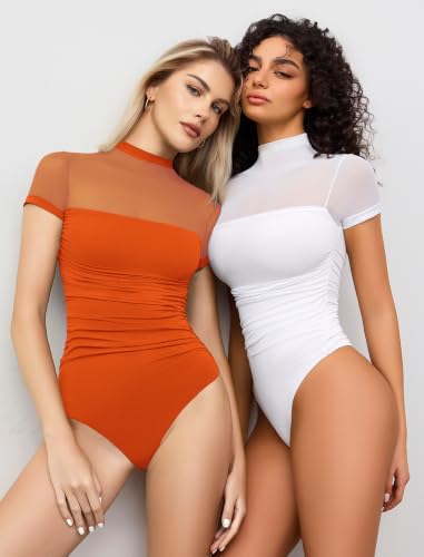 Image of Avidlove Women's Short Sleeve Bodysuit Turtle Neck Body Suits Mesh One Piece Leotard Going Out Tops Date Outfits