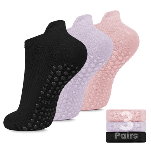 Image of Purplepig 3 Pairs Grip Pilates Socks Cushioned Yoga Socks Non-Slip for Barre, Barefoot Workout, Hospital for Women Men