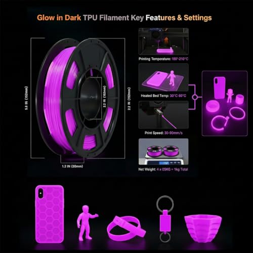 Image of 250G 95A TPU 3D Printer Filament, 1.75mm Glow in The Dark Purple, Soft TPU Flexible 3D Printing Filament, High Hardness & Resilience, Best with UV Lamps,Fit Most 3D Printers