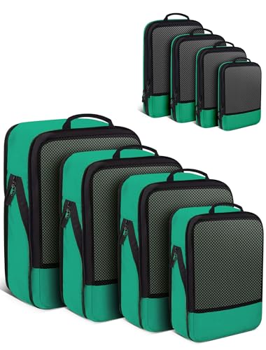 4 PCS Set Compression Packing Cubes for Travel, Lightweight Packaging Organizer Bags for Carry On Space Saving, Travel Essentials Cubes for Suitcase Backpack, Green