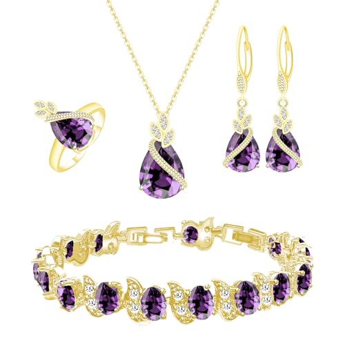 GZWHD Gold Purple Amethyst Jewelry Set for Women Bridesmaid Earrings Necklace Set Bracelet Ring