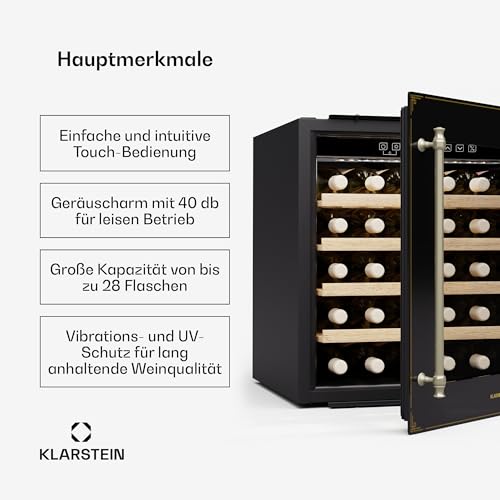 Klarstein Vinsider Victoria 28 Weinkühlschrank – 28 Flaschen, 1 Zone, 5–20°C, Touch-Bedienung, LED, Vibrations- & UV-Schutz, leise, einbaufertig, schwarz