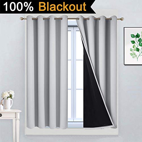 Image of Yakamok Light Grey 100% Blackout Curtains 45 Inches Long 52 inch Wide 2 Panel | Blackout Curtain Panels for Bedroom, 2 Thick Layers Grommet Top Thermal Insulated Drapes with Black Liner for Living Room