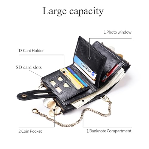 Mens Wallet with Chain PU Faux Leather Bifold Wallet for Men Double Zipper Coin Pocket Purse Double Anti-Theft (Gift Box2