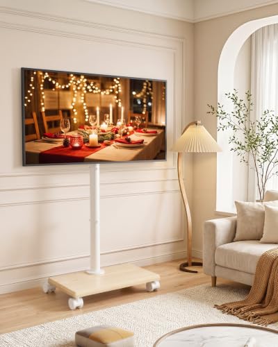 Image of Perlegear Rolling TV Stand with Wheels for 32-60 Inch TVs | Height Adjustable Mobile TV Cart , Tilt -10 to 5, 88lbs Capacity, VESA 100x100-400x400,Wood Base & Locking Wheels-White