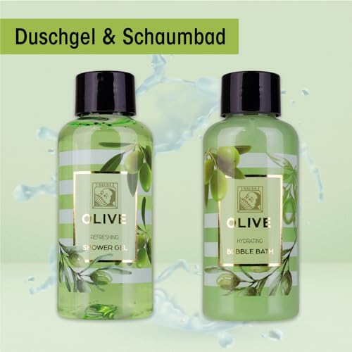 Accentra – Duschset Frauen Geschenkset OLIVE in schöner Geschenkbox – 3-teiliges Pflegeset mit Duschgel, Bodylotion und Schaumbad – Wellness Geschenk Set zum Valentinstag, Muttertag & Weihnachten