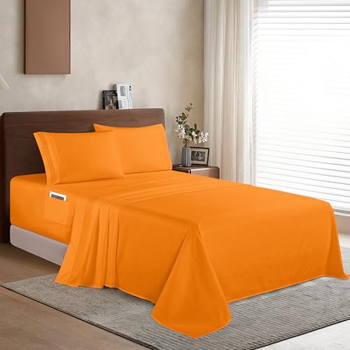 Elegant Comfort Luxury 1500 Premium Hotel Quality Microfiber 4-Piece Sheet Set - Soft, All Around Elastic 18-24 Inches Deep Fitted Sheet - Extra Deep Pocket Sheets, Twin/Twin XL, Elite Orange