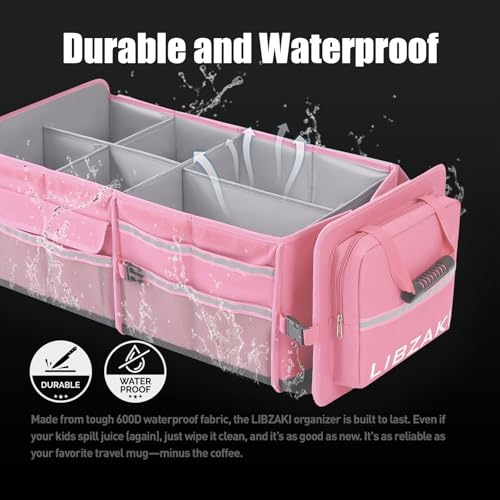 Image of LIBZAKI Oversize 4 in 1 Car Trunk Storage Organizer, Multi Compartment Collapsible Trunk Storage Box with Cooler Bag for Car Truck SUV-Pink