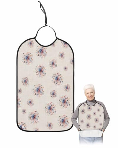 LEOKOTI 4th of July Fireworks Adult Bibs for Eating, Waterproof Bibs with Food Catcher & Adjustable Snap Closure, Blue Red Independence Day Washable Clothing Protectors Adult Bibs for Elderly