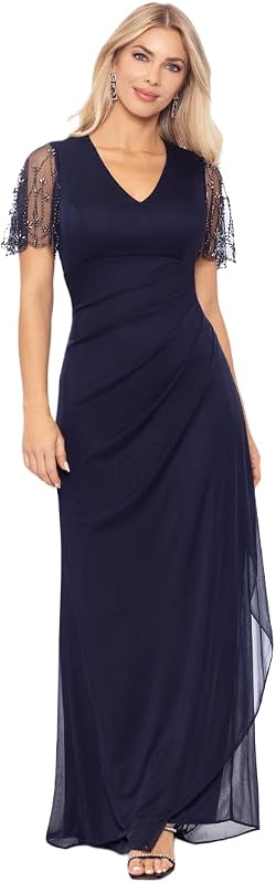 Xscape Women's Xscape Women's V-Neck, Short Sleeve, Full-Length Dress with Beaded Sleeve Detail and Draped Skirt (Petite)