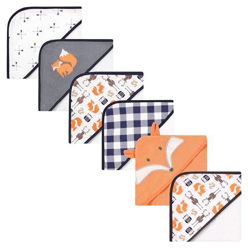 Image of Hudson Baby Unisex Baby 6Pc Cotton Rich Hooded Towels Bundle Set, Orange Fox Fox, One Size
