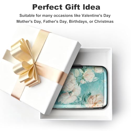 Image of ELFISH Mini RFID Aluminum Wallet Credit Cards Holder Business Card Case Metal ID Case for Men Women, White peony