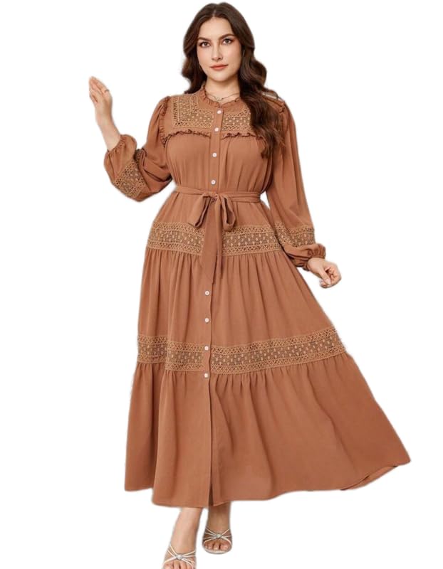 Buy Patakadevi Women's Brown Cotton Full Flare Lace Detail Dress