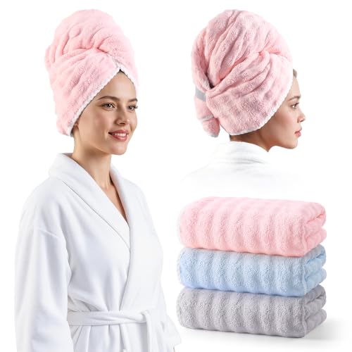 Image of REDKISS 3 Pack Microfiber Hair Towels for Women, Hair Towel Wrap for Long Curly Thick Hair, Quick Dry 280 GSM Hair Drying Towel Wrap with Secure Strap, Soft Anti-Static Microfiber Towels