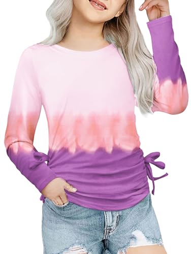Arshiner Tie Dye Shirts for Girls Ruched Knot Side Girls Long Sleeve Tops Casual Tie Dye Shirts for Kids 9-10 Years