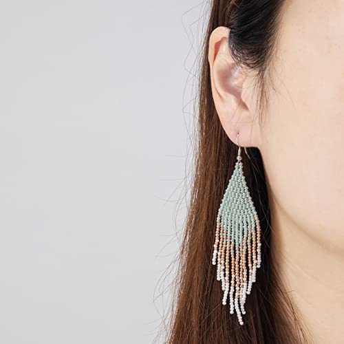 Native Beaded Tassel Earrings Boho - Handmade Seed Bead Statement Fringe Drop Earrings For Women Dangling (Light Green) #TOP4