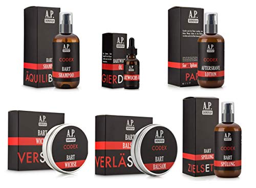 A.P. Donovan - Pflege Set für Männer | mit Bartbalsam, Bartwax, Bartspülung, Bartwuchsöl, Bartshampoo, Aftershave | CODEX Bartpflege-Serie