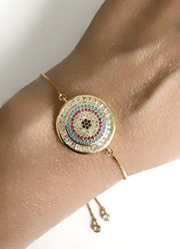 Sifrimania Evil Eye Adjustable Sliding Bead Fashion Bracelet For Women Of All Ages (Round Gold) #TOP1