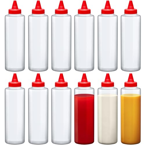 Amazing Abby 16-Ounce Plastic Squeeze Bottles (Set of 12), Reusable Condiment Bottles, BFA-Free, Dishwasher-Safe, Perfect for Ketchup, Mustard, Mayonnaise, Sauces, Condiments, Dressings, and More