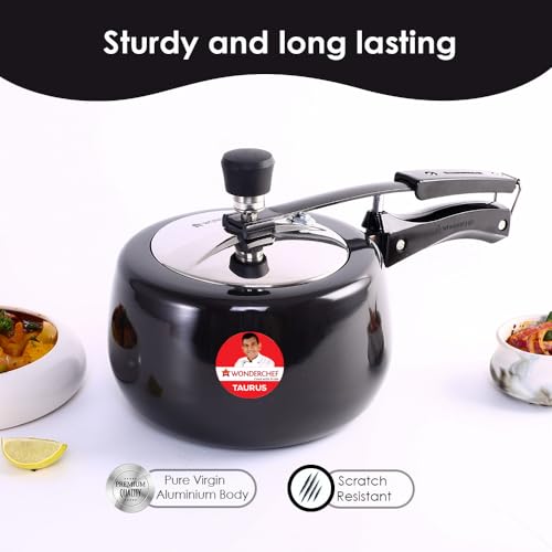 Image of Wonderchef Taurus Hard Anodized Inner Lid Pressure cooker, 3 liter, Cool Touch Handles for Durability, Induction Friendly, Black, 5 year warranty, ISI Certified