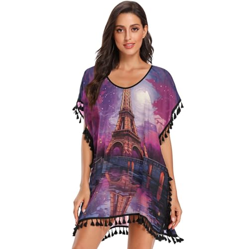 Purple Moon Tower Art Women's Beach Cover Up Chiffon Tassel Swimwear Swimsuit Coverups for Girl