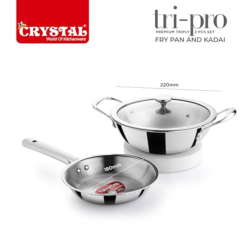 Image of Crystal TriPro Triply Stainless Steel 3 Pcs Cookware Set | Kadai 22cm with Glass Lid and Frypan 18cm | Less Oil Use, Healthy Cooking - Induction Bottom