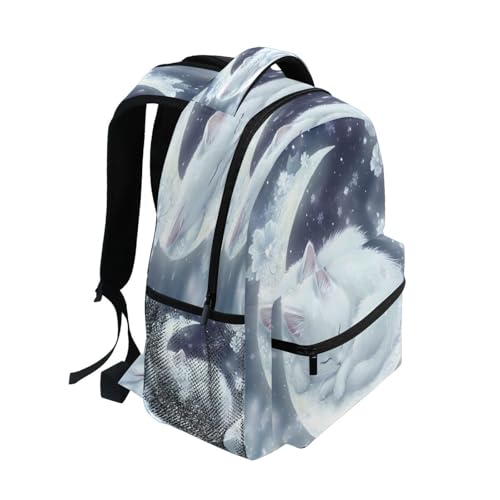 White Cat Sleeping Moon Backpack for School Boys Girls Adults Kids Bookbag Laptop Bag 18L2