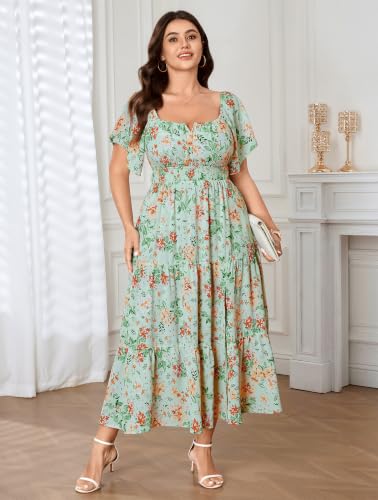 Image of SCOMCHIC Womens Plus Size Maxi Dress Formal Short Sleeve Square Neck Smocked Side Split Flowy A Line Tiered Long Dress
