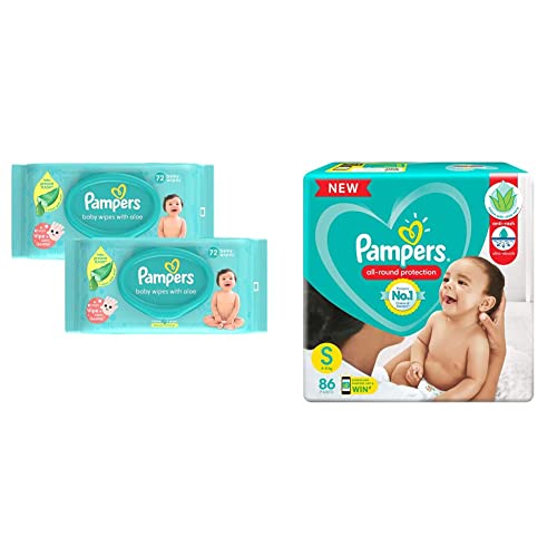 Image of Pampers Baby Gentle Wet Wipes with Aloe Vera, 144 Wipes and Pampers All round Protection Pants, Small size baby diapers (SM), 86 Count, Anti Rash diapers, Lotion with Aloe Vera