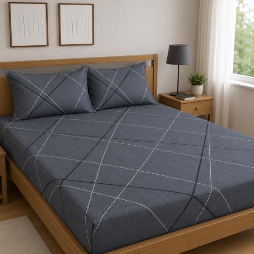 Image of Premium Cotton Fitted Bedsheet King Size 78 x 72 x 8 Inches with 2 Pillow Covers | 220 TC | All-Around Elastic Deep Pocket Bed Cover | Charcoal Grey Linear Check