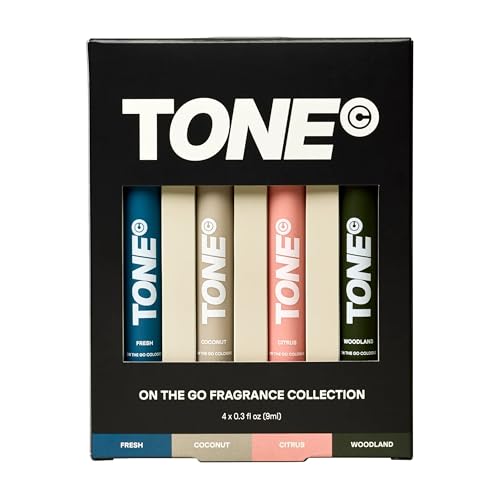 TONE 4 Piece On-The-Go Cologne Sample Pack, Multi-Layered, Light Body Mist Cologne for Men, Travel Size, 4 Premium Scents - Fresh, Citrus, Coconut, Woodland (0.3 Fl Oz Each)