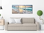 Pyradecor 3 Panneaux Blue Beach Sunrise White Wave Images Peinture sur toile Mur Art moderne Échelle et encadrée paysage de mer Giclee Canvas Imprimés Vue sur la mer Paysage Artwork pour la maison Bureau Décorations