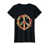 Buntes Hippie Kostüm 60s Design für Damen mit Blümchen Peace Zeichen. Hippie Verkleidung perfekt für Flower Power Fans. Blumen Hippie Oberteil für Frauen und Mädchen. Hippie Zubehör passend zum Hippie Blumenkranz und zur Hippie Hose oder Jacke.