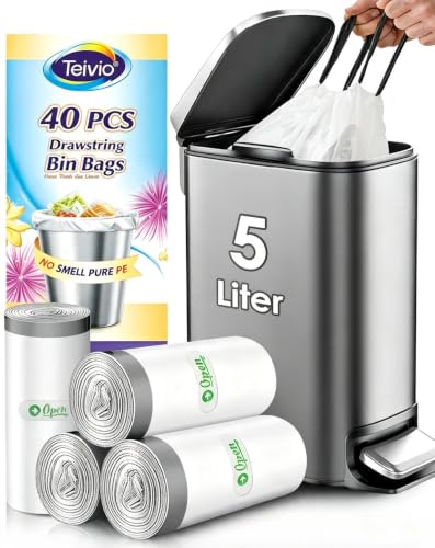Teivio 5 Liter Small Bin Liners with Tie Tap 40 Counts Strong Drawstring Pedal Bin Bags Fit 3-5L Trash Can Waste Paper Bin Bags for Home Office Kitchen Bathroom Bedroom White Toilet Rubbish Bag