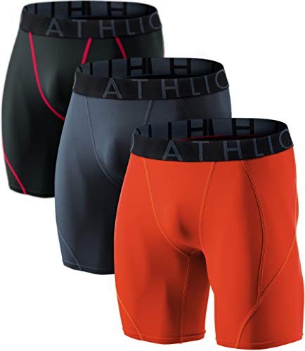 ATHLIO Men's Athletic Cool Dry Compression Shorts, Sports Performance Active Running Tights, 3pack(bsp06) - Black/Charcoal/Orange, XX-Large