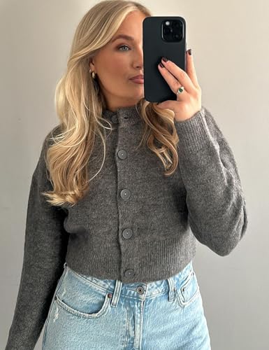 Image of Arssm Womens Crop Cardigan Sweaters 2024 Crewneck Long Sleeve Sweater Button Down Knit Sweater Top(Grey-S)