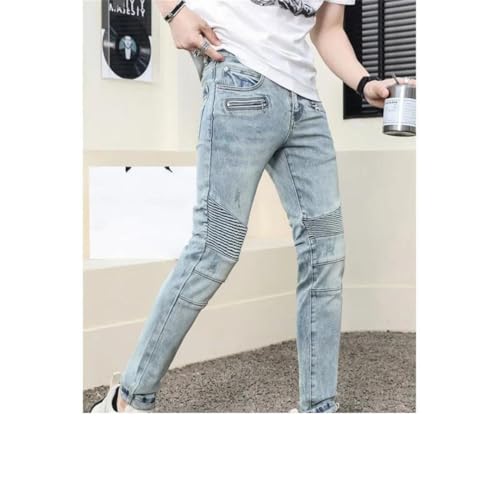 Men's Motorcycle Jeans Retro Street Pleated Slim Fit Patchwork Tappered Pants2