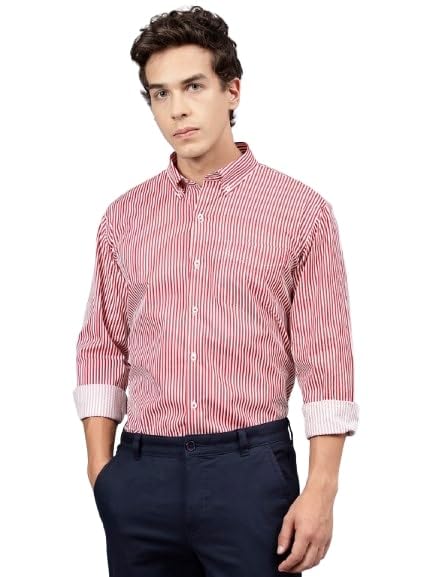 Image of Hancock Standard Slim Fit Striped Button-Down Collar Pure Cotton Casual Shirt(9607White-Red)