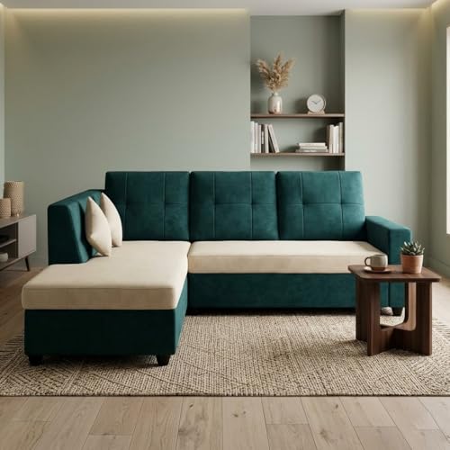 Image of FURNY Nathan 4 Seater L Shape Sofa Set LHS (Green Teal-Cream) | Suede Velvet Finish | Durable Comfort Sofa for Modern Living Room & Office Spaces